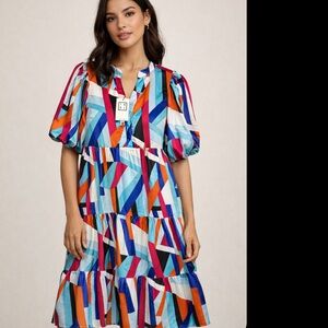 THML multicolored short puff sleeve long lined dress NWT size small